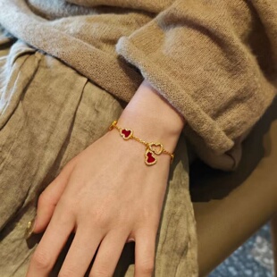 金店同款沙金点钻红心葫芦手链女高级感手饰黄金色新款时尚女士