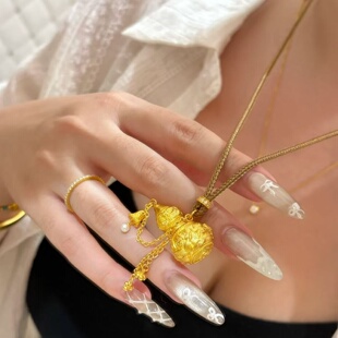 黄金色古法项链毛衣链锁骨链项链沙金篆刻葫芦流苏吊坠沙金简约