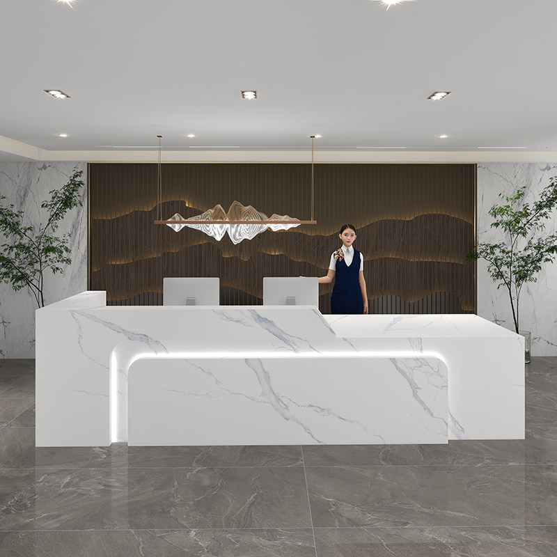收银台简约现代大理石纹不锈钢烤漆吧台公司售楼部大厅前台接待台