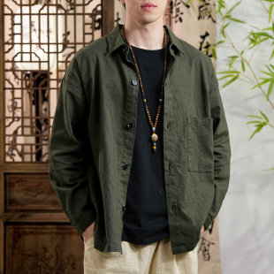 复古透气休闲宽松长袖 苎麻外套翻领棉麻男式 草民外套 春秋男士 新款