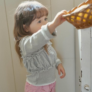 哦哦乐韩国童装Bananaj26春款女童细条纹蕾丝包边长袖T恤