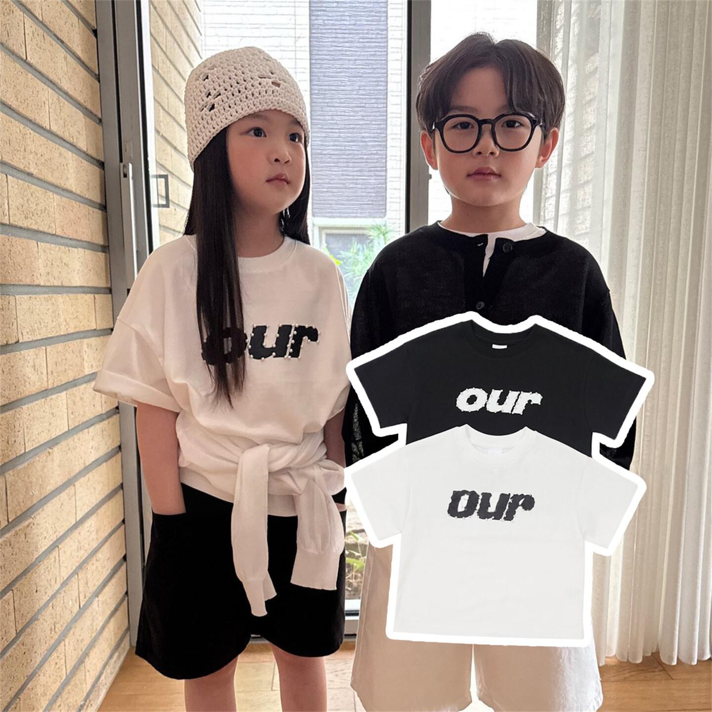 OUR韩国简约大牌感无感钉珠字母夏季儿童纯棉短袖t恤
