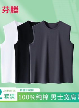 芬腾男士打底100%棉7A运动白色可外穿无袖T恤纯棉汗衫男宽肩背心