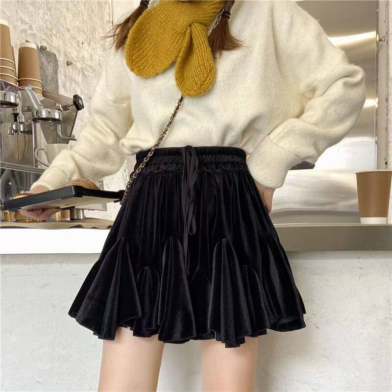 法式复古金丝绒蓬蓬半身裙女高腰系带A字短裙小个子黑色