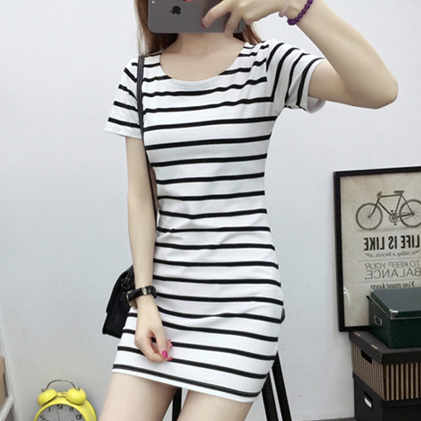 棉质黑白条纹短袖连衣裙夏季宽松透气睡裙通勤外穿遮肚中长款T恤