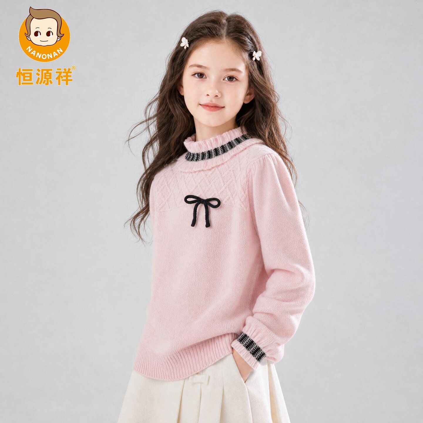 恒源祥女童羊毛毛衣甜美蝴蝶结高领针织衫冬季加厚粉色上衣圆领