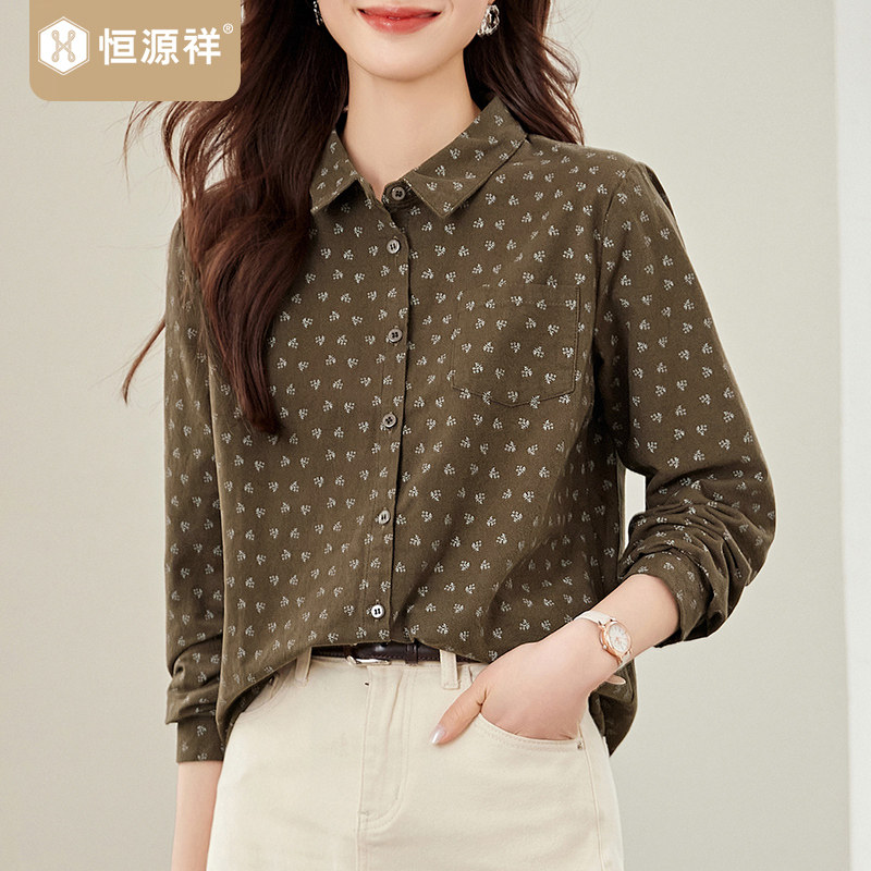 恒源祥翻领长袖衬衫女款宽松纯棉印花衬衣百搭文艺2026年新款上衣