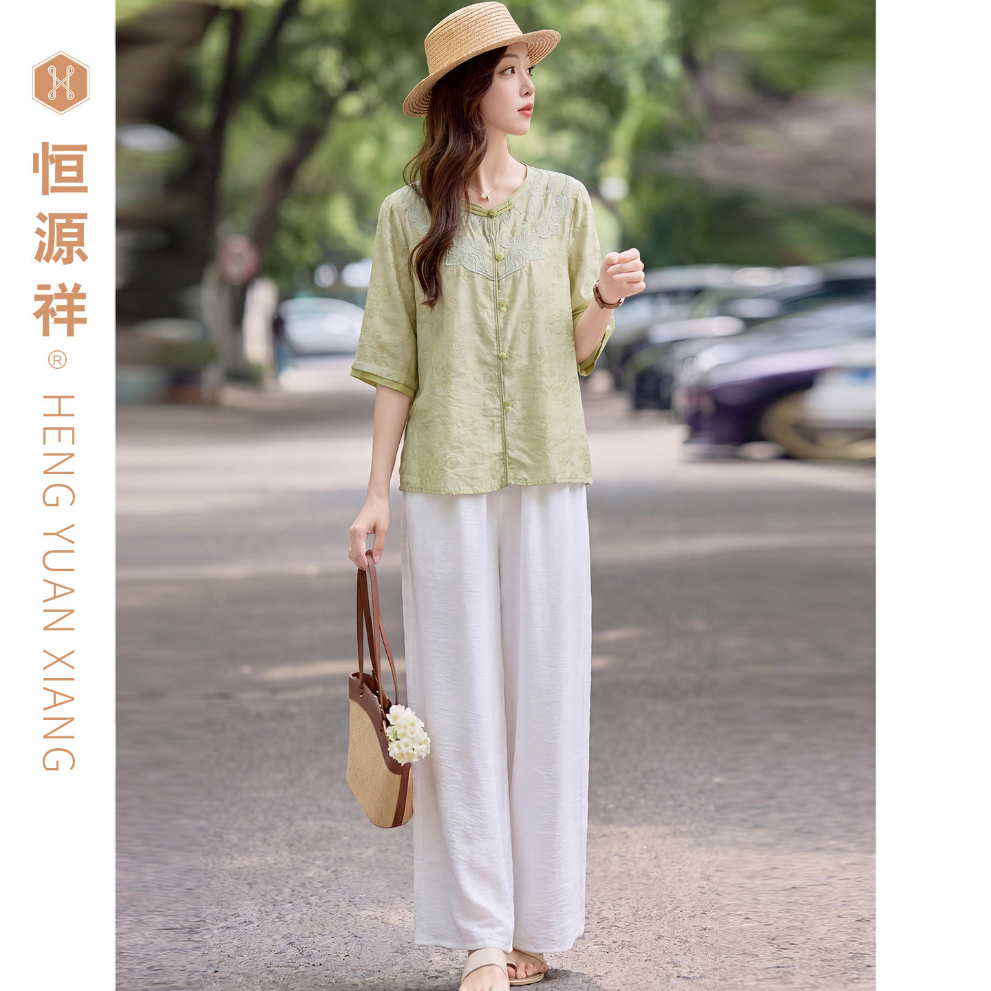 恒源祥休闲风花鸟刺绣两件套女装2026新款夏季薄款中老年套装裤子