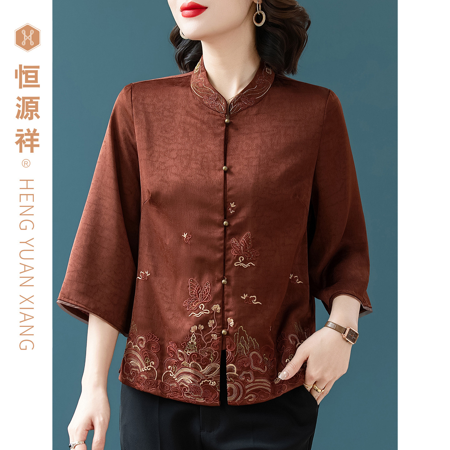 恒源祥中国风刺绣立领七分袖衬衫女中老年妈妈装洋气上衣套头中式