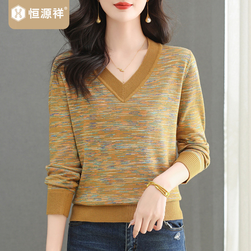 恒源祥毛衣妈妈装长袖圆领针织衫女上衣时尚2025春款宽松打底内搭