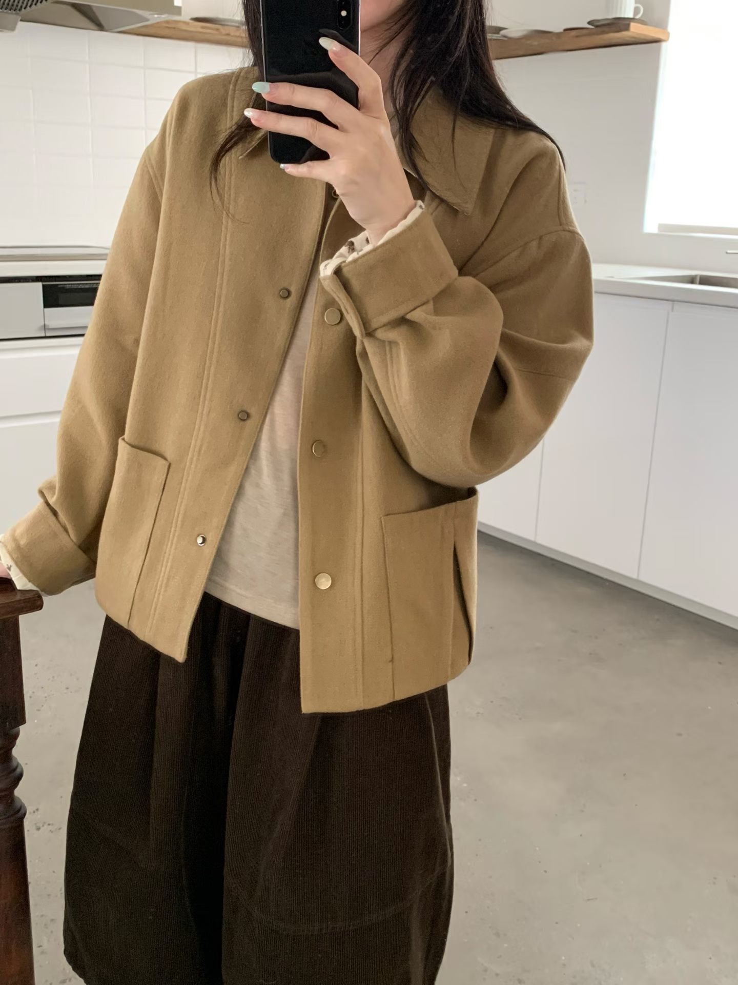 韩版碎花拼接毛呢外套女小个子2026秋季新款宽松简约百搭夹克上衣