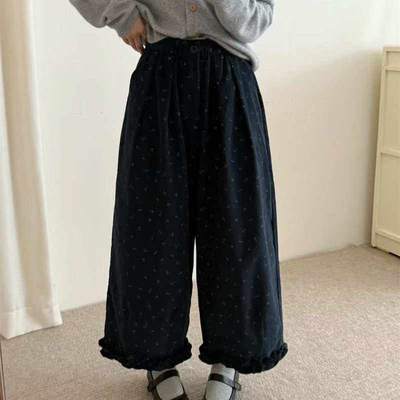 韩系小碎花灯芯绒休闲直筒裤女小个子2025秋季高腰显瘦阔腿花边裤