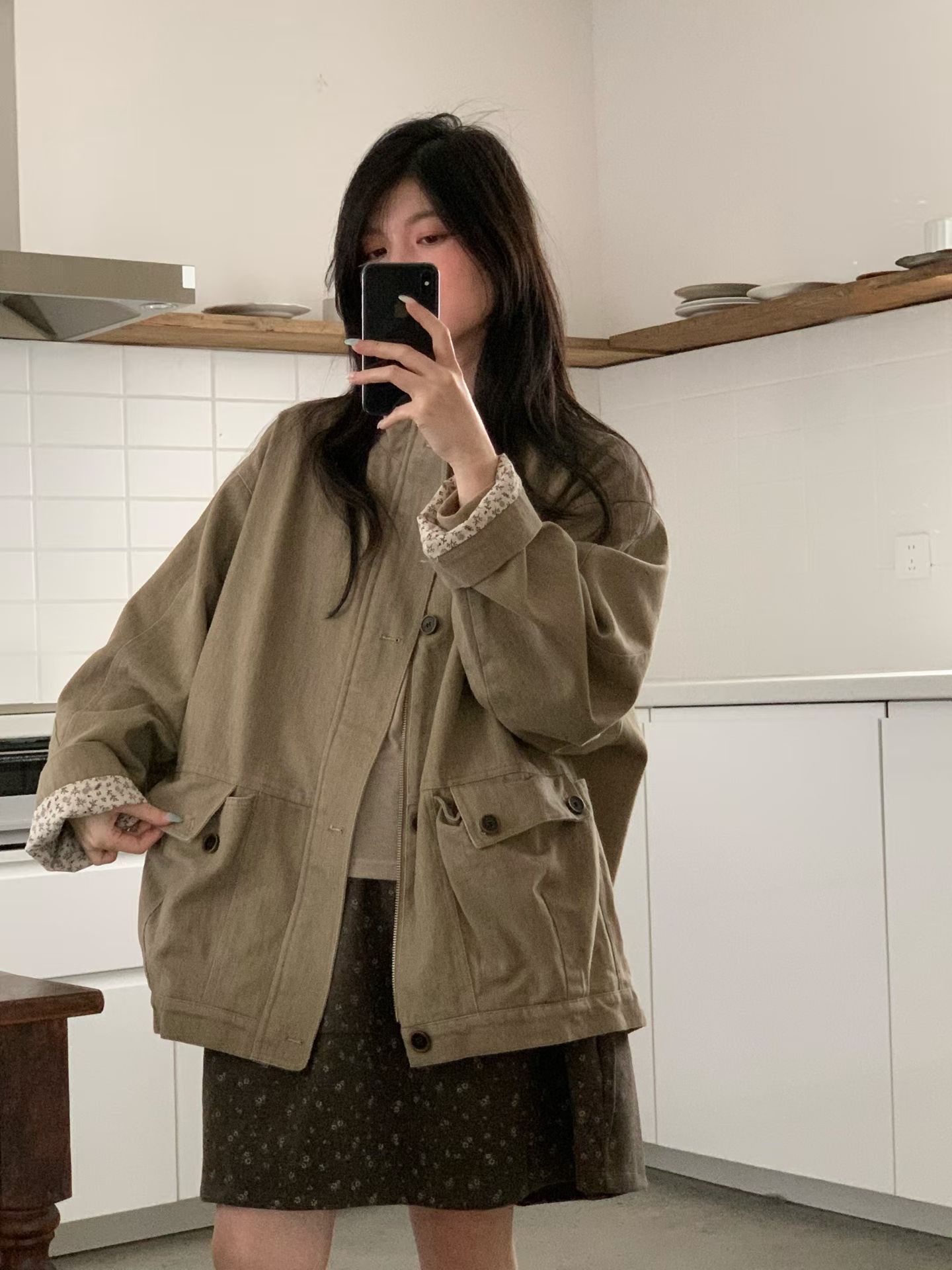 韩版碎花拼接水洗工装外套女2026秋季新款宽松百搭显瘦夹克上衣潮