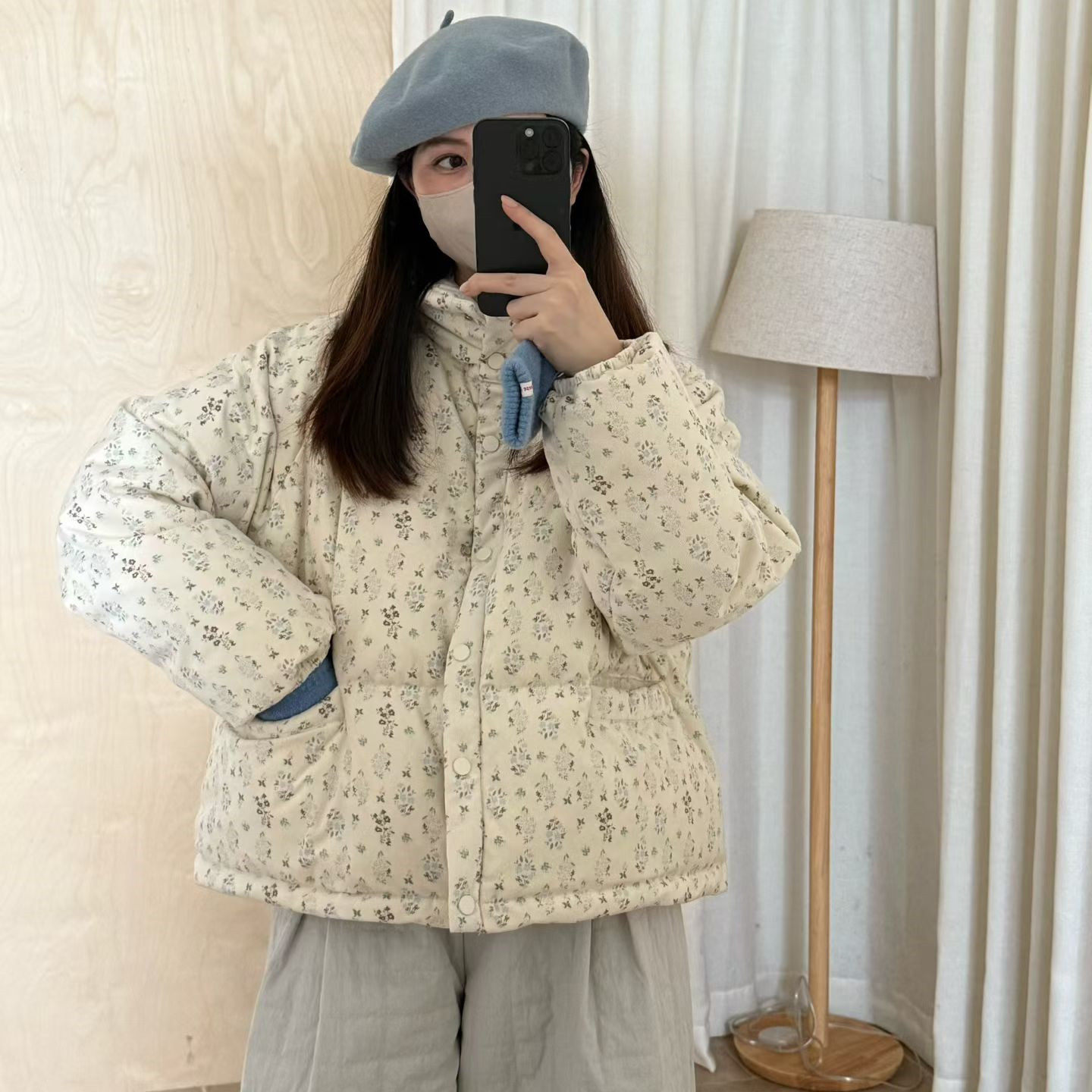 韩系碎花立领羽绒服女小个子2025冬季新款宽松保暖灯芯绒短外套潮