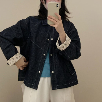 日系复古明线深色牛仔外套小个子