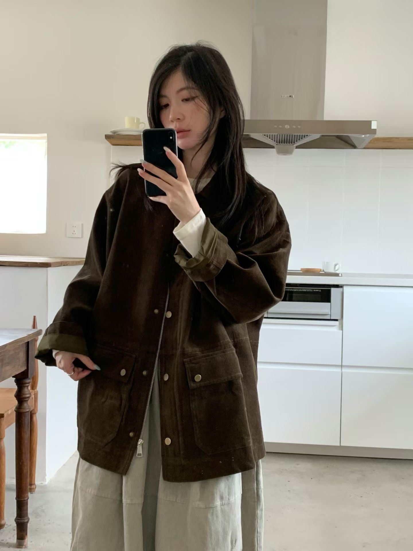 韩版简约休闲中长款灯芯绒外套女2026秋季新款宽松显瘦气质上衣潮