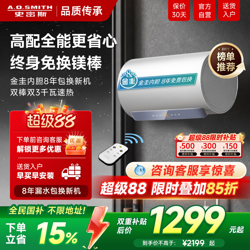政府补贴AO史密斯佳尼特家用电热水器60升80L金圭双棒速热遥控TT