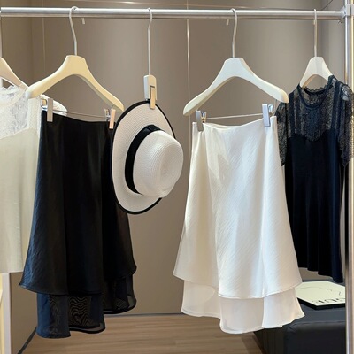 气质高腰显瘦醋酸缎面A字半身裙女夏季新款网纱拼接百搭五分中裙