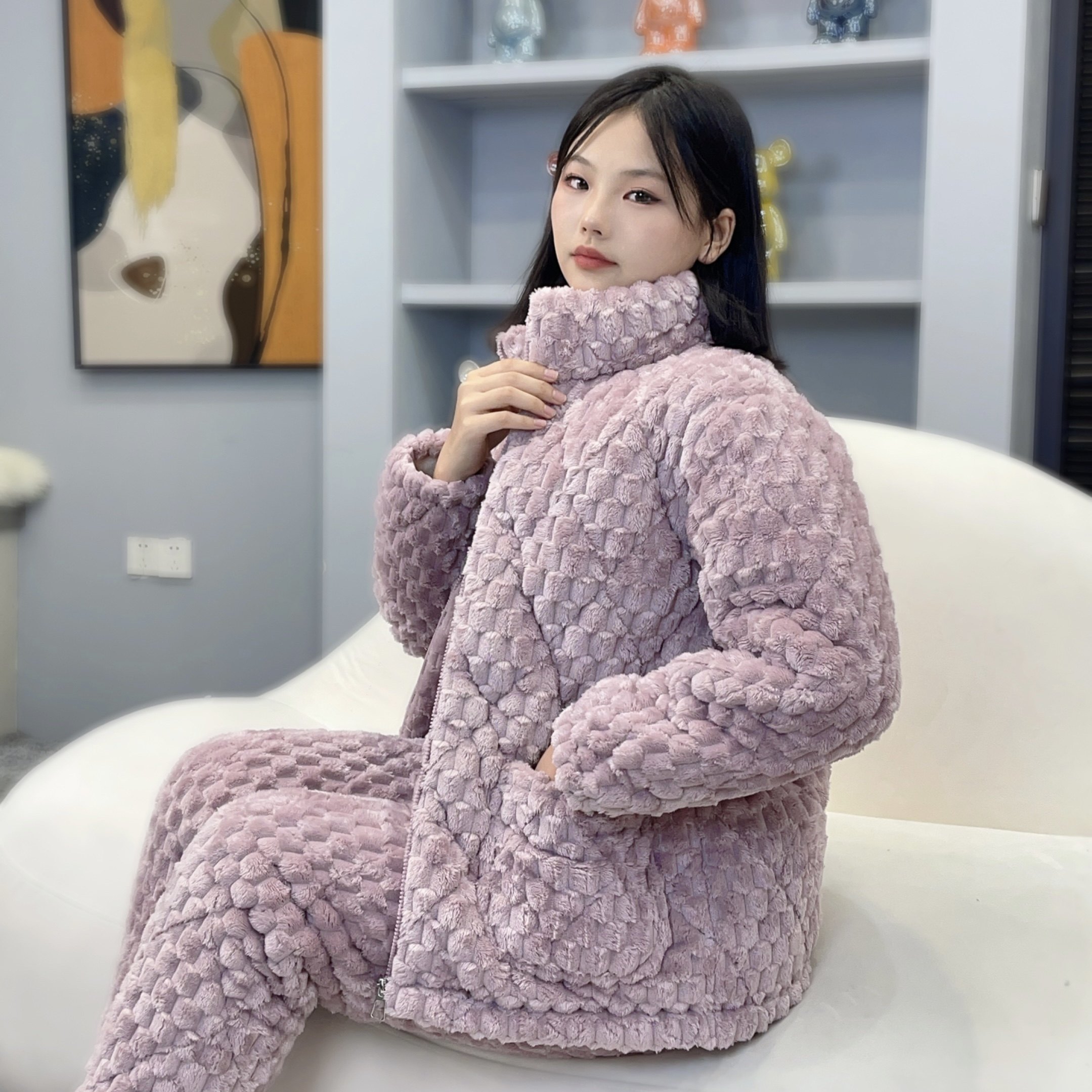 女士冬季睡衣加厚保暖家居服三层夹棉加绒套装女可爱珊瑚绒法兰绒