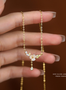 轻奢锆石森系S999纯银栀子花项链