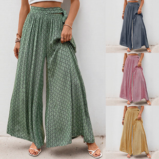 Casual Lace Geometric 2025 Flared Vacation Print Wide Pants