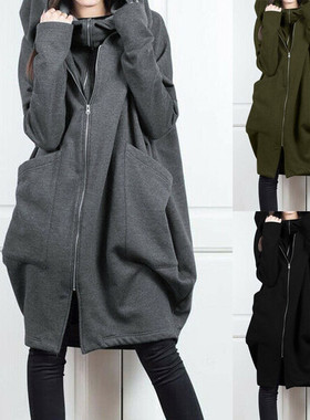 2022 women's solid color hooded pocket sweater zipper