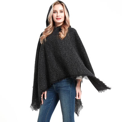 Women's Shawl With Floral Pure Black Pullover Hooded Cape