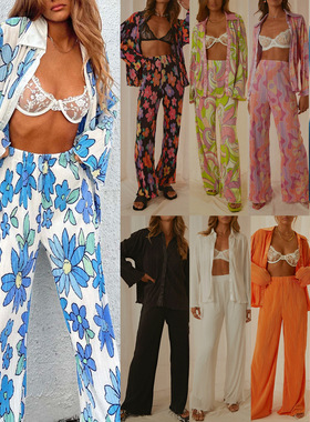 Pleated Long-sleeved Trousers Holiday Suit Women's Printed