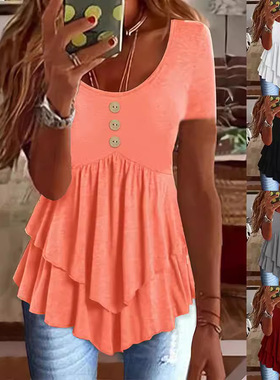 Women's Fashion Three-button Casual Solid Color Short-sleeve