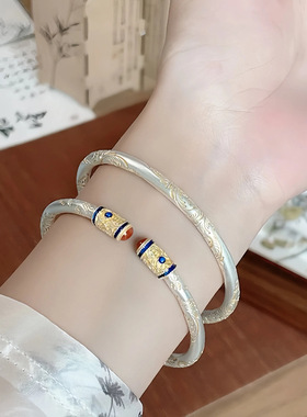 2025新款女士时尚锦绣吉言唐草纹银手镯复古宫廷新中式描金心手环