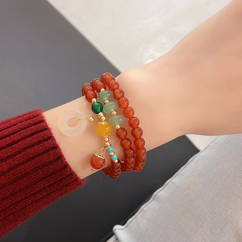 天然红玛瑙三圈玉髓平安扣吊坠女手串复古民族风多层串珠手链项链