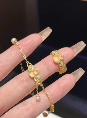 金店同款沙金珐琅点钻凤华娇玉粉晶葫芦戒指手链女国潮风福禄