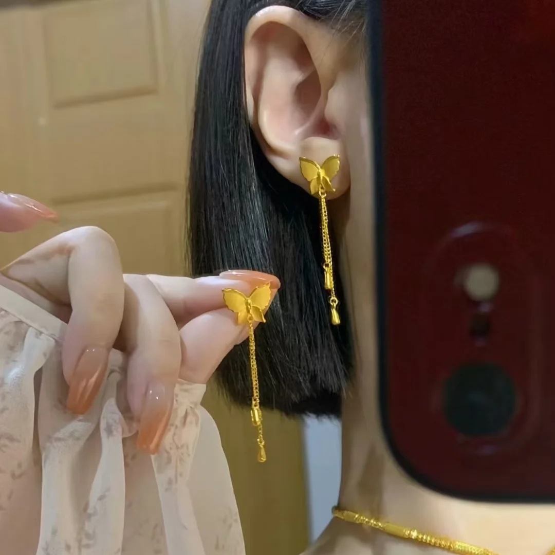 金店同款古法沙金蝴蝶流苏耳钉在逃公主气质显瘦耳环百搭高级