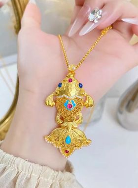 越南沙金珐琅彩蓝眼金鱼套链女士金色非遗手工小金鱼点钻镶嵌项链