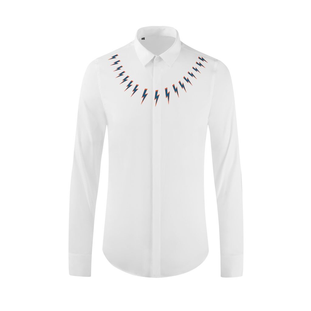 2024年春秋季男理发师朋克风小闪电印花长袖男式衬衫潮牌衬衣男装