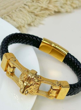 2025新款男士时尚不锈钢手链动物系列创意狮子头复古皮革编织手镯