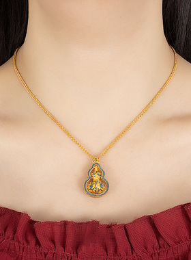 黄金色沙金福禄绵绵葫芦吊坠新中式青花瓷项链花丝锁骨链旋转挂坠