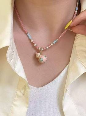 新中式珐琅滴釉粉葫芦珍珠长款项链女士时尚气质高级感串珠锁骨链