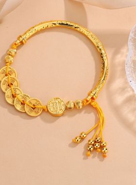 2025新款黄金色沙金国潮风五帝钱流苏半镯轻奢复古百搭气质手串女
