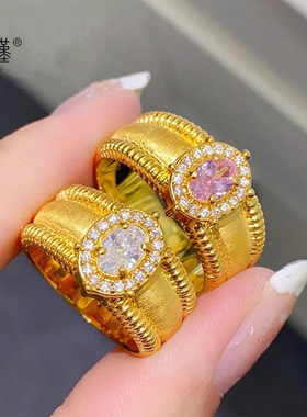 2025新款女款沙金镶钻拉丝鸽子蛋戒指新中式复古宫廷风气质指环女