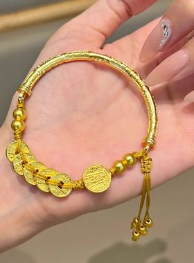 金店同款五帝钱币五路财神半镯编绳手链新中式复古沙金手串送女友