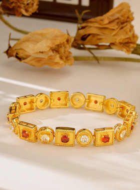 2026沙金方糖手链古法仿金珐琅几何手饰镶嵌锆石高级复古风手串女