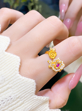 金店同款沙金高级感开口戒子双生玫瑰花戒指小众时尚美拉德风 女