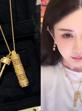 2025韦雪同款古法铜镀金新中式拨浪鼓六字真言随身佛吊坠女士项链