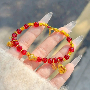 2025新款沙金六字真言转经轮手链红色本命年金佛守护神转运珠手串