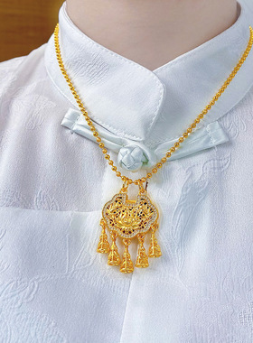 2026女士镶钻莲花同心锁圆珠项链铜沙金轻奢时尚中式古风流苏锁链