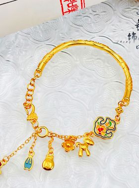 2026网红同款黄金色沙金吉言半镯马上有钱花手半镯链女式国风镯子