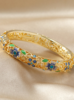 2025复古景泰蓝花朵镂空手镯女开口珐琅旗袍镯子时尚古风送礼手饰