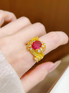 沙金镶钻红宝花朵羽毛戒指黄金色拉丝立体轻奢宫廷风可调节女指环