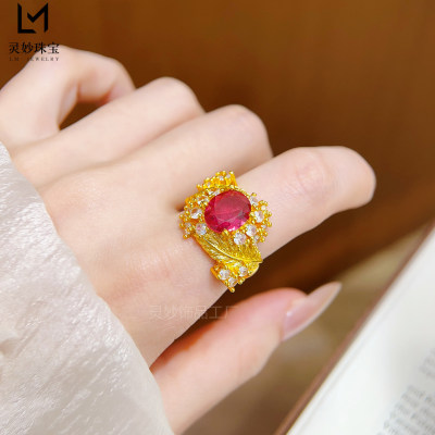 沙金镶钻红宝花朵羽毛戒指黄金色拉丝立体轻奢宫廷风可调节女指环